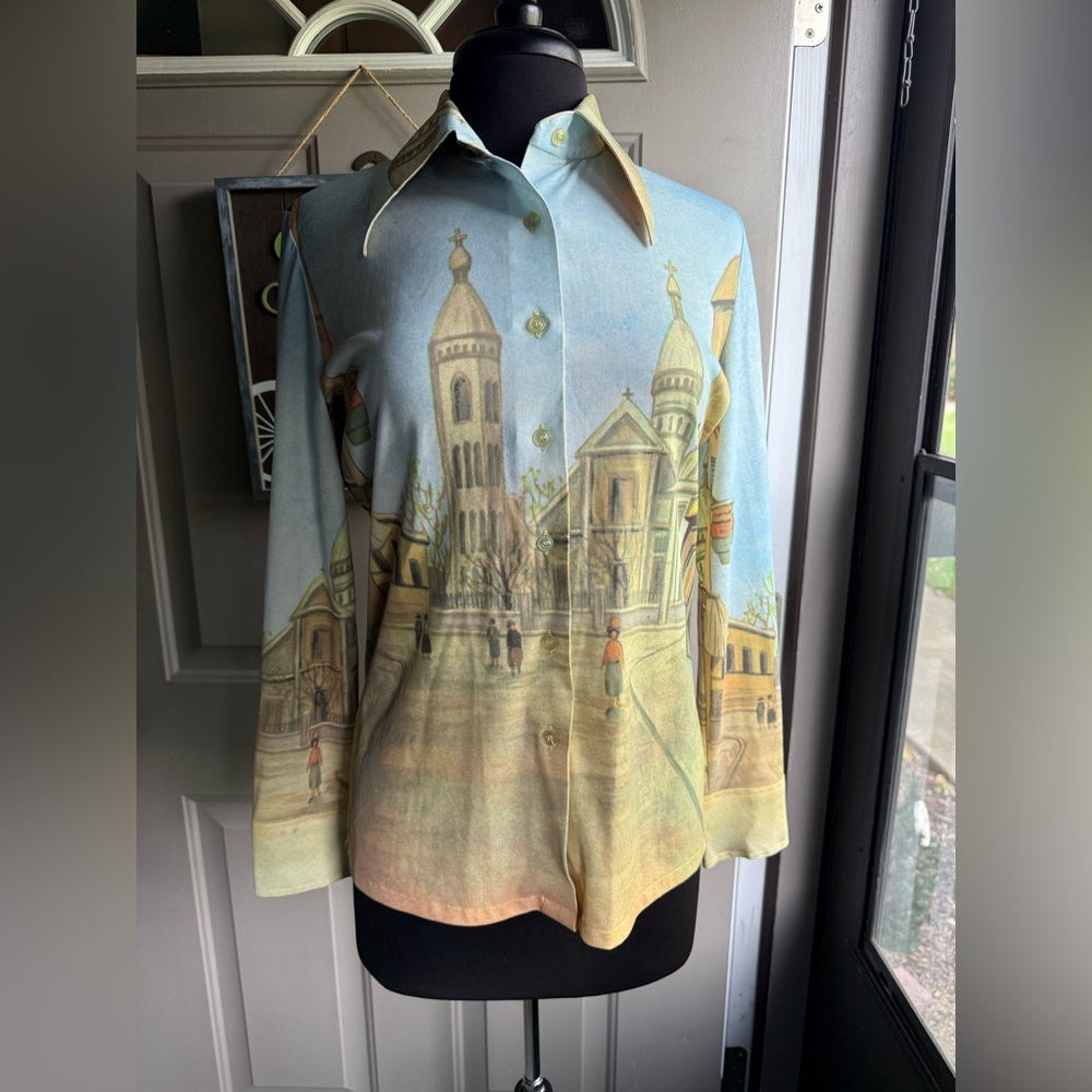 Vintage 70s Lucky Pierre European city scape long sleeve blouse, size large